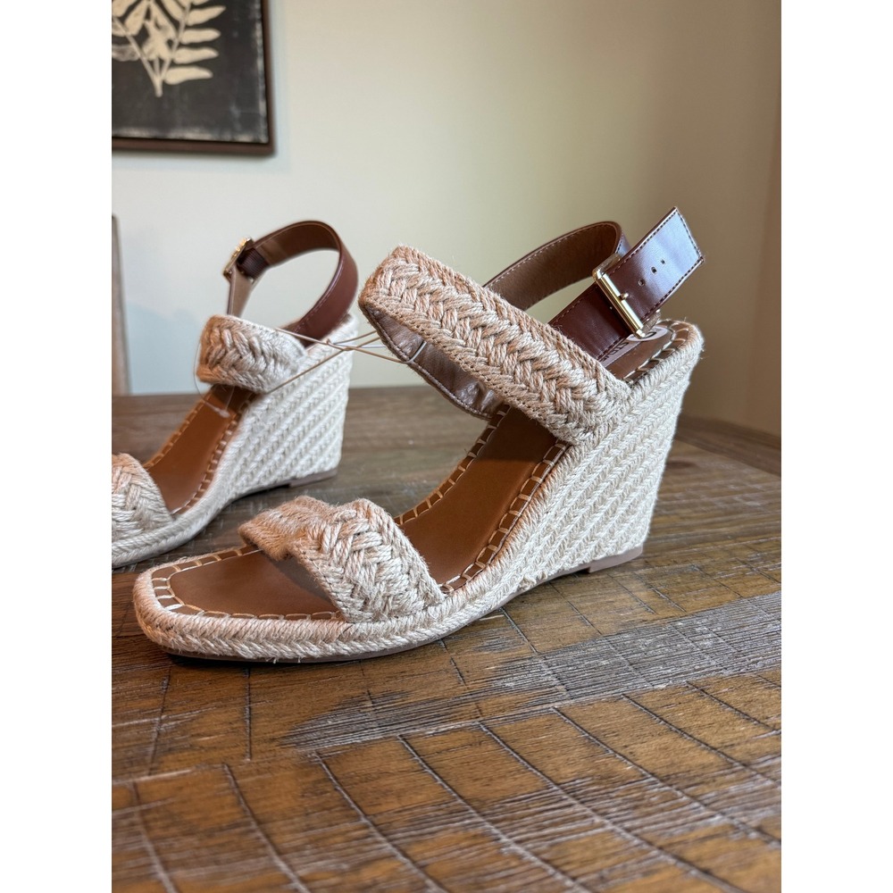 NEW Steve Madden Braided Raffia Wedge Sandals Brown Ankle Strap Square 10 Boho